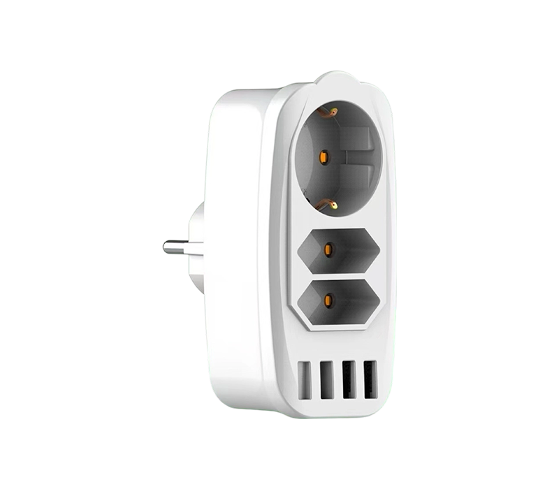 Monitoiminen E05-pistokevirtalähde, jossa on 2 eurooppalaista Type C -liitäntää, 1 eurooppalainen Type F -liitäntä ja 4 USB-A-porttia