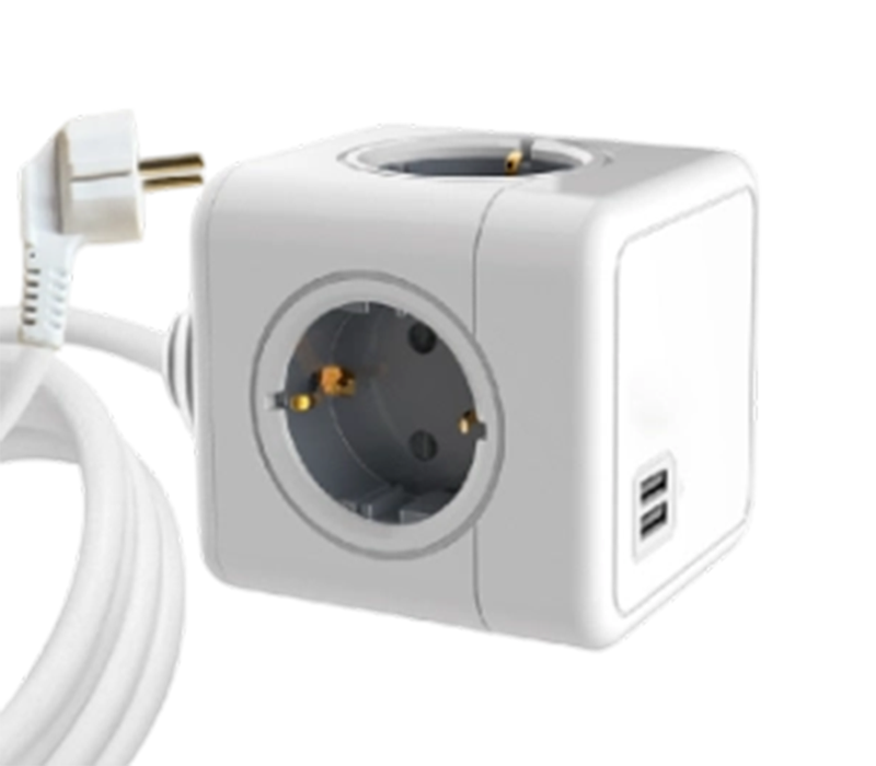 E04A Wired Cube Power Strip, jossa on 4 eurooppalaistyyppistä pistorasiaa ja 2 USB-A-porttia