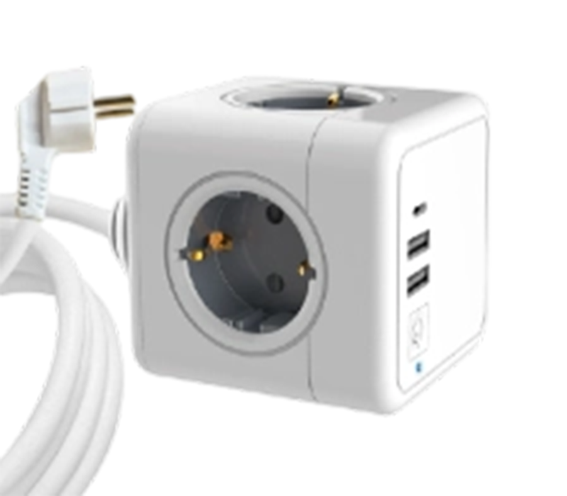 E04C Wired Cube Power Strip, jossa on 4 eurooppalaistyyppistä pistorasiaa, 2 USB-A-porttia ja 1 USB-C-portti