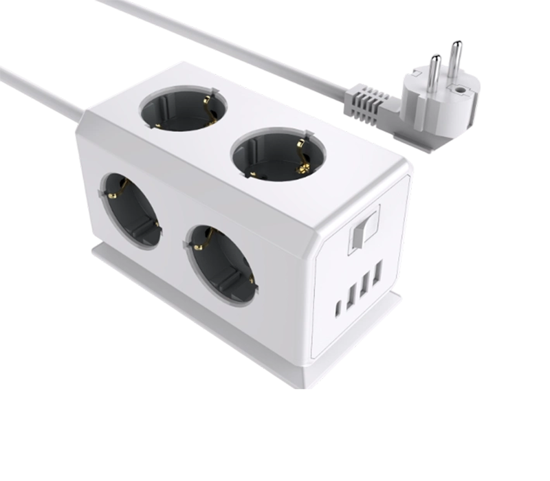 Monitoiminen langallinen E08-virtalähde, jossa on 6 eurooppalaistyyppistä pistorasiaa, 3 USB-A-porttia ja 1 USB-C-portti, kytkimellä