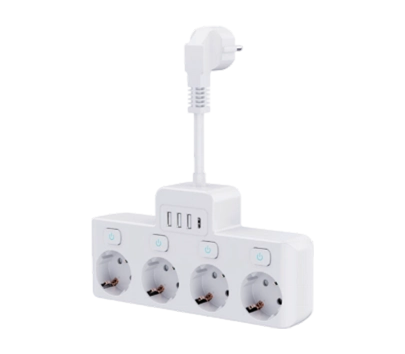 E14-4 langallinen virtajohto, jossa on 4 eurooppalaistyyppistä pistorasiaa, 3 USB-A-porttia ja 1 USB-C-portti, itsenäisellä kytkimellä