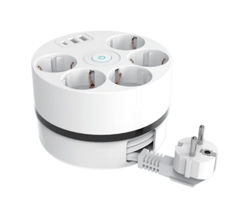 E18 kaapelikelan virtajohto sisäänvedettävällä johdolla, 5 eurooppalaistyyppistä pistorasiaa, 2 USB-A-porttia ja 1 USB-C-portti, kytkin mukana