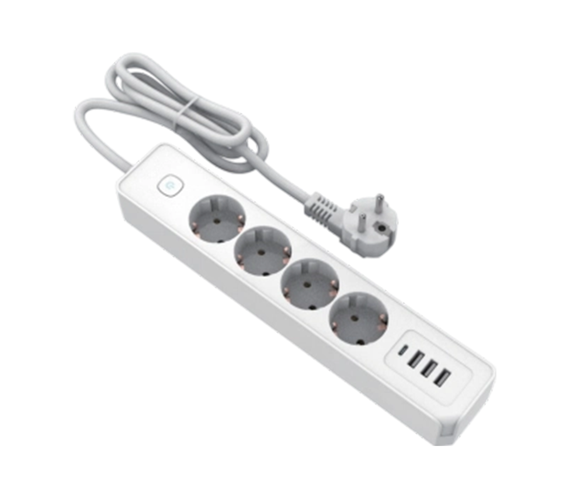 E21-4 eurooppalaistyylinen virtajohto, jossa 4 pistorasiaa, 3 USB-A-porttia ja 1 USB-C-portti, kytkin mukana