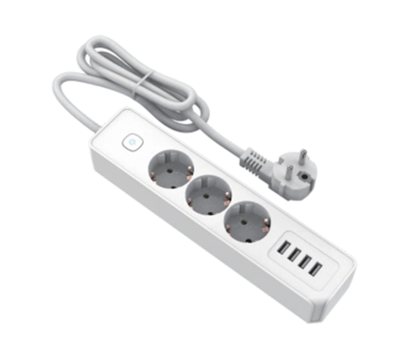 E22-3 eurooppalaistyylinen virtajohto, jossa 3 pistorasiaa ja 4 USB-A-porttia, kytkin mukana