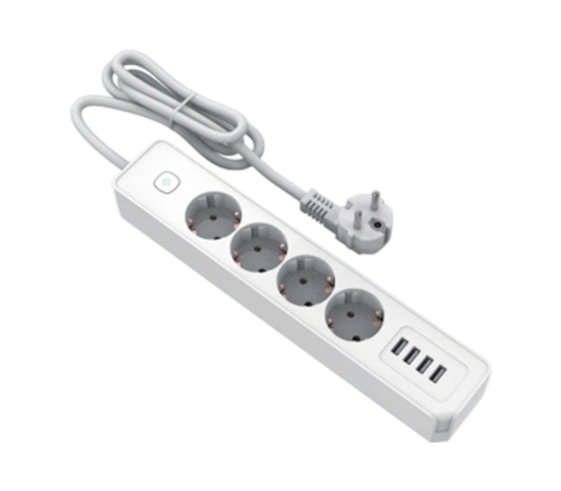E22-4 eurooppalaistyylinen virtajohto, 4 pistorasiaa ja 4 USB-A-porttia, kytkin mukana
