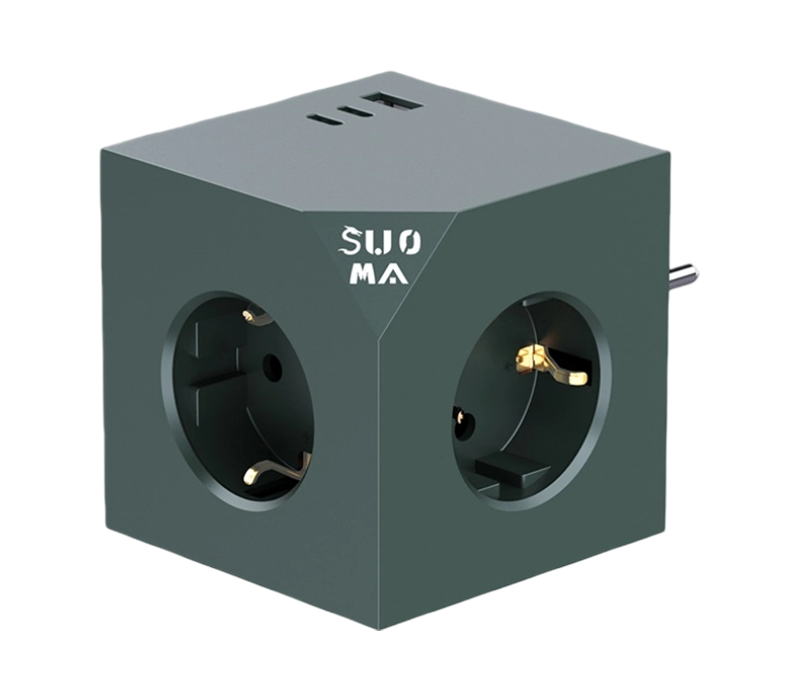 E24 Plug-In Cube -virtalähde, jossa on 3 eurooppalaistyyppistä pistorasiaa, 1 USB-A-portti ja 2 USB-C-portti
