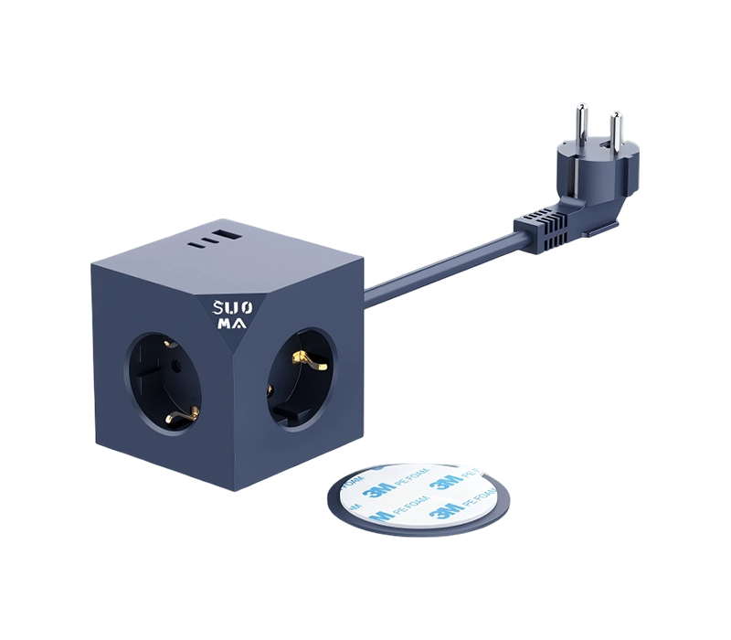 E25 Wired Cube Power Strip, jossa on 3 eurooppalaistyyppistä pistorasiaa, 1 USB-A-portti ja 2 USB-C-portti, 3 metrin tarrat