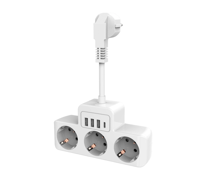 E13 langallinen virtajohto, jossa on 3 eurooppalaistyyppistä pistorasiaa, 3 USB-A-porttia ja 1 USB-C-portti