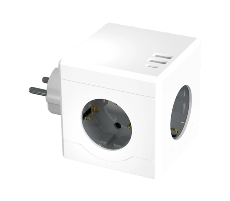 E15-C Plug-in Cube Power Strip, jossa on 3 eurooppalaistyyppistä pistorasiaa, 2 USB-A-porttia ja 1 USB-C-portti