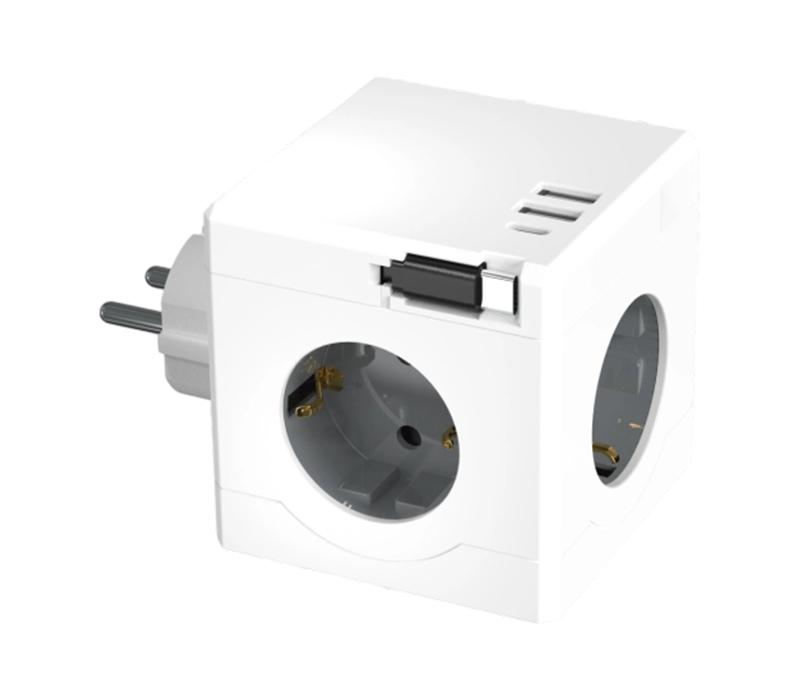 E15-D Plug-in Cube Power Strip, jossa on 3 eurooppalaistyyppistä pistorasiaa, 2 USB-A-porttia ja 1 USB-C-portti, sisäänvedettävä latauskaapeli