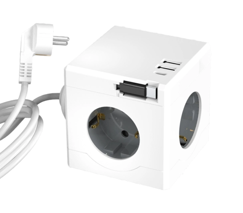 E16-D Wired Cube Power Strip, jossa on 3 eurooppalaistyyppistä pistorasiaa, 2 USB-A-porttia ja 1 USB-C-portti, sisäänvedettävä latauskaapeli
