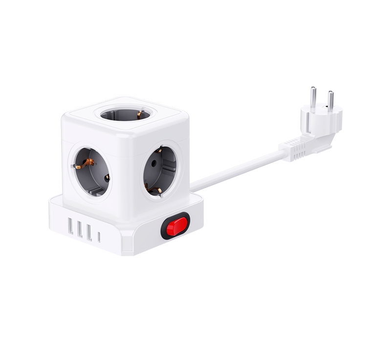 E23 Wired Cube Power Strip, jossa on 5 eurooppalaistyyppistä pistorasiaa, 3 USB-A-porttia ja 1 USB-C-portti, kytkimellä