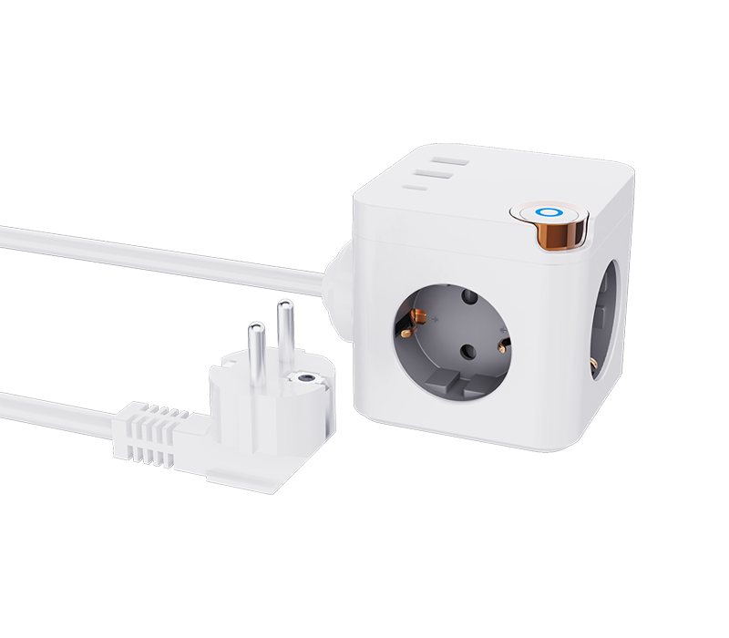 E20 Wired Cube Power Strip, jossa on 3 eurooppalaistyyppistä pistorasiaa, 2 USB-A-porttia ja 1 USB-C-portti, kytkimellä